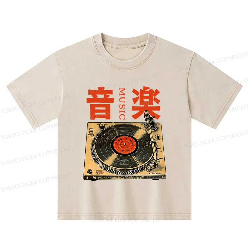 Tokyo-Tiger Retro Music Record Player Kids Washed T-Shirt