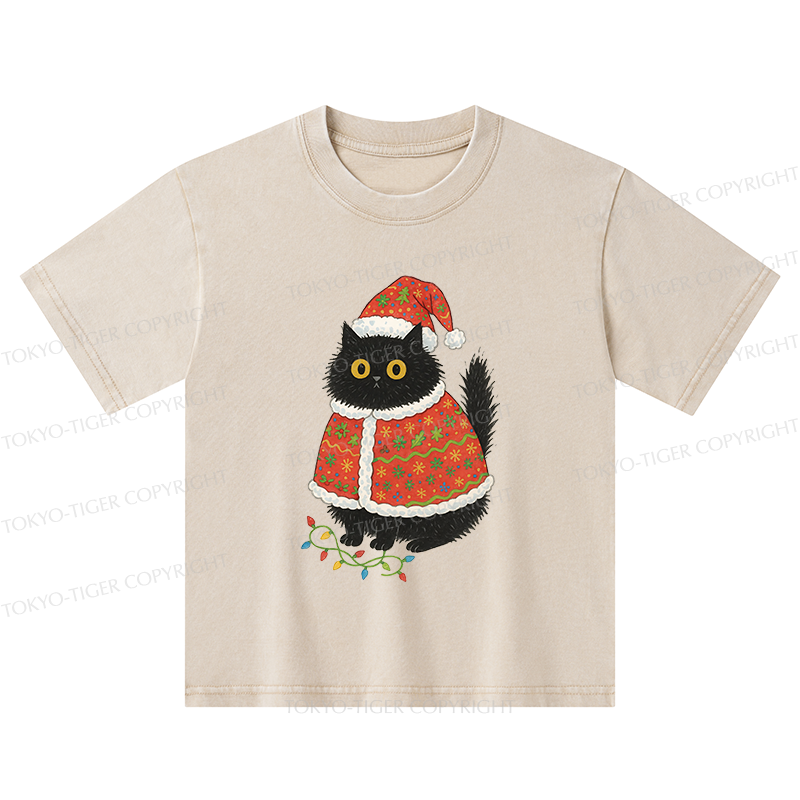Tokyo-Tiger Cat Wearing Santa Hat Kids Washed T-Shirt