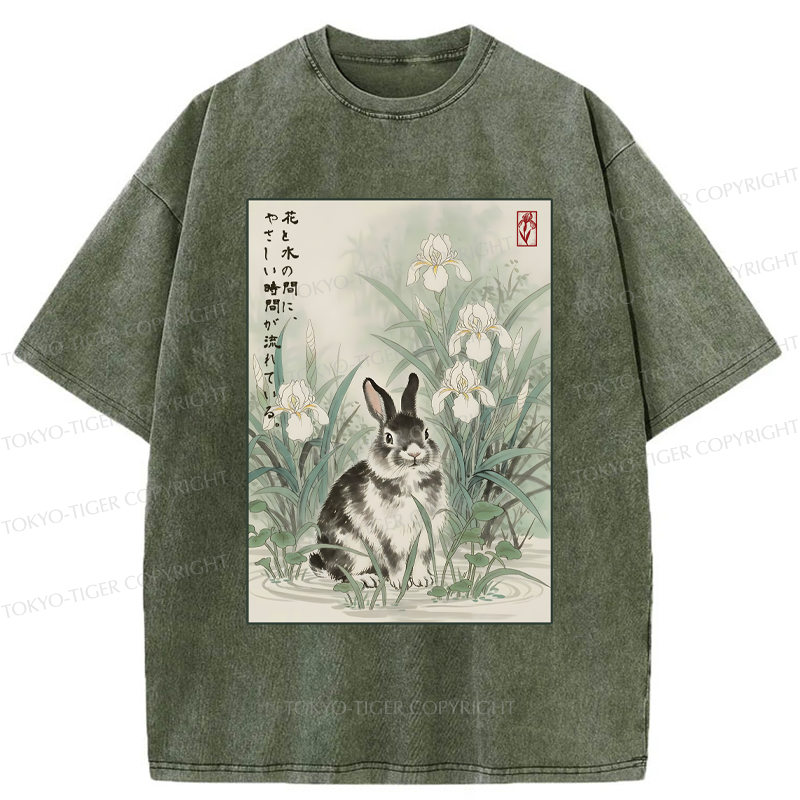 Tokyo-Tiger Little Rabbit Beneath the Blooming Irises Washed T-Shirt