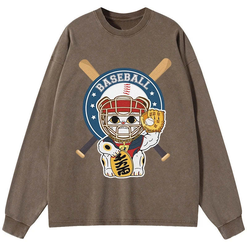 Tokyo-Tiger Janpaese Baseball Cat Washed Long Sleeve T-Shirt