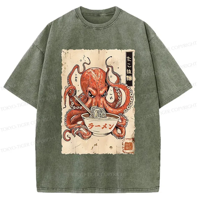 Tokyo-Tiger Retro Octopus Eating Ramen Washed T-Shirt Sale