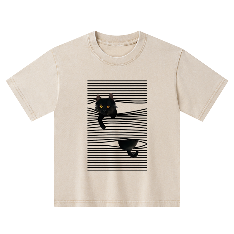 Tokyo-Tiger Cat Scratching Curtain Kids Washed T-Shirt