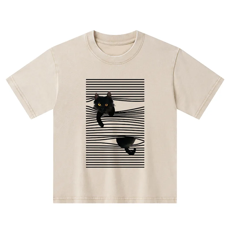 Tokyo-Tiger Cat Scratching Curtain Kids Washed T-Shirt