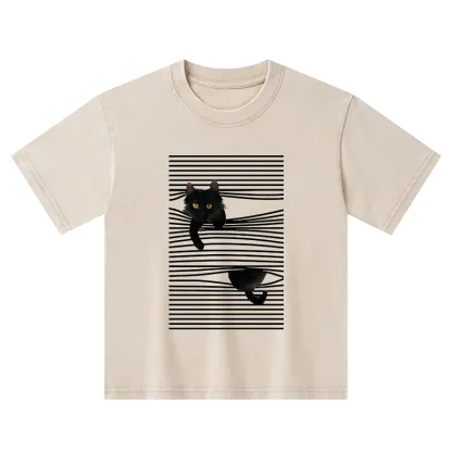 Tokyo-Tiger Cat Scratching Curtain Kids Washed T-Shirt