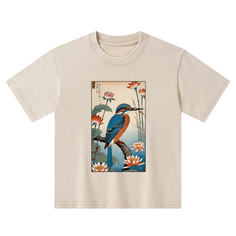 Tokyo-Tiger Ukiyo-e Kingfisher Kids Washed T-Shirt