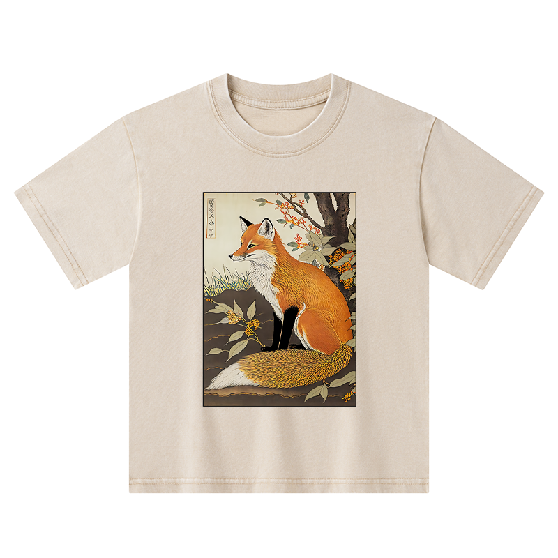Tokyo-Tiger Ukiyo-e Fox Kids Washed T-Shirt