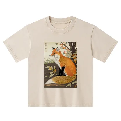 Tokyo-Tiger Ukiyo-e Fox Kids Washed T-Shirt