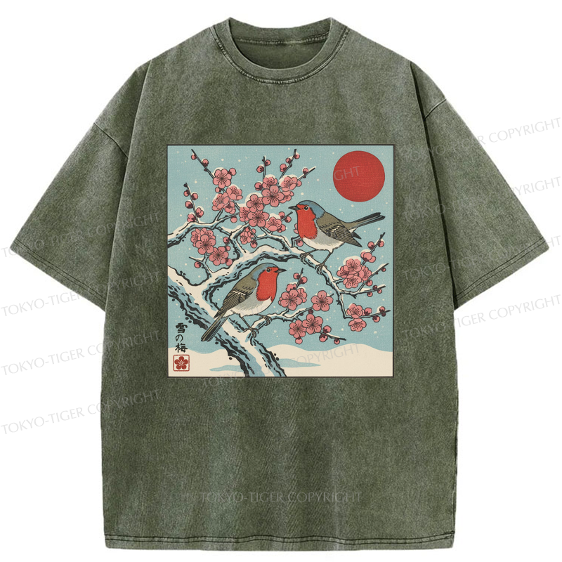 Tokyo-Tiger Winter Blossoms And Feathered Melodies Washed T-Shirt