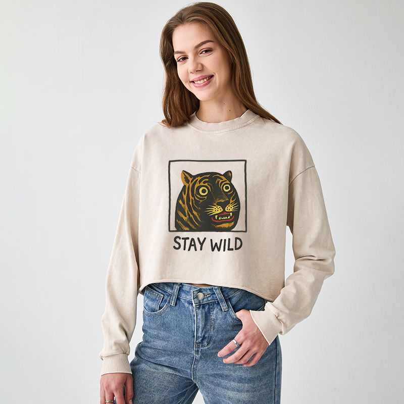 Tokyo-Tiger Silly And Cute Tiger Washed Crop Sweatshirt