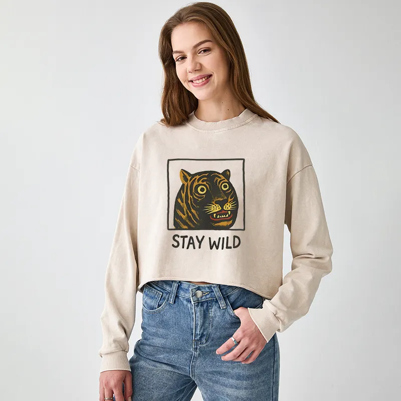 Tokyo-Tiger Silly And Cute Tiger Washed Crop Sweatshirt