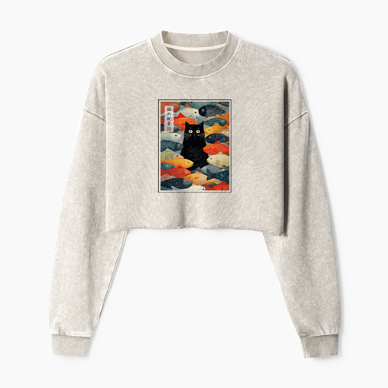 Tokyo-Tiger The Cat's Feast of Fish Washed Crop Sweatshirt