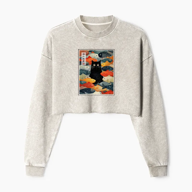 Tokyo-Tiger The Cat's Feast of Fish Washed Crop Sweatshirt