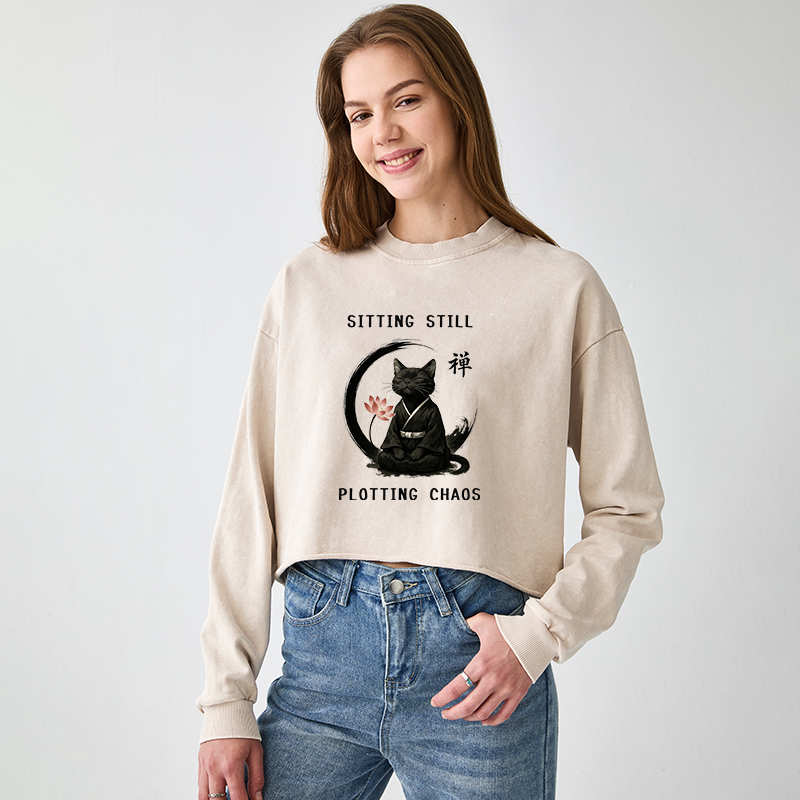 Tokyo-Tiger Sitting still  plotting chaos Calming Zen Cat Funny Washed Crop Sweatshirt