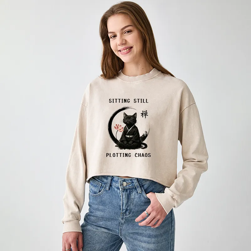 Tokyo-Tiger Sitting still  plotting chaos Calming Zen Cat Funny Washed Crop Sweatshirt