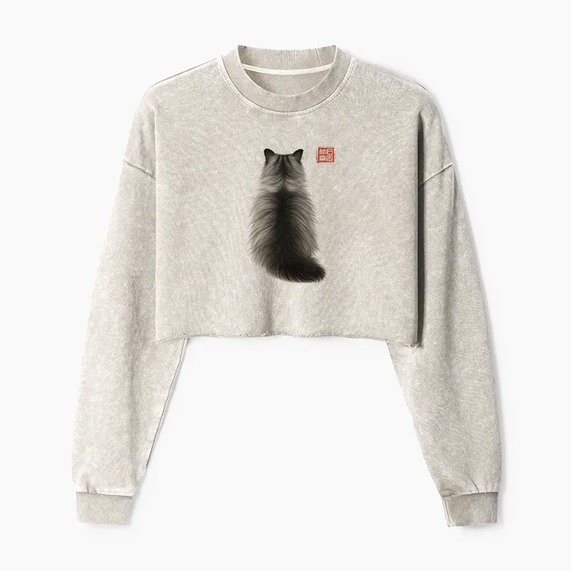 Tokyo-Tiger Cat's Back Ink Painting Washed Crop Sweatshirt