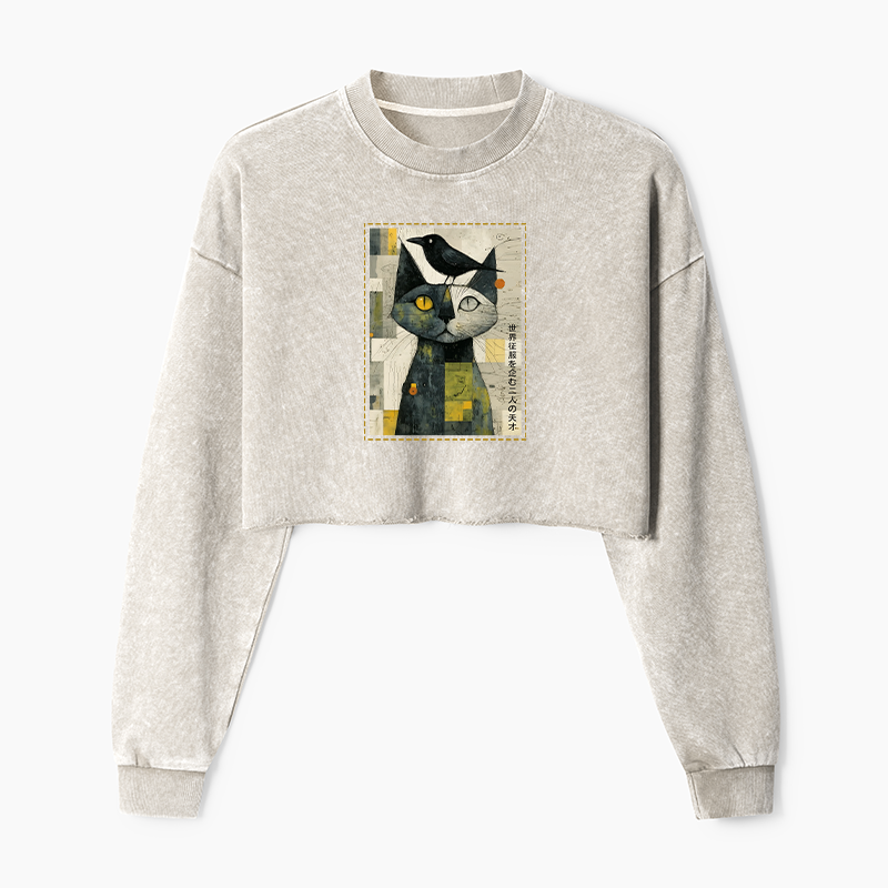 Tokyo-Tiger The Cat And The Crow Are Planning To Rule The World Washed Crop Sweatshirt