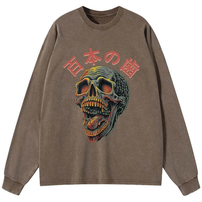 Tokyo-Tiger Terrifying And Disgusting Skull Washed Long Sleeve T-Shirt