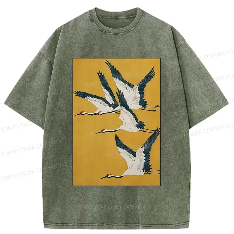 Tokyo-Tiger Vintage Cranes Painting Washed T-Shirt Sale