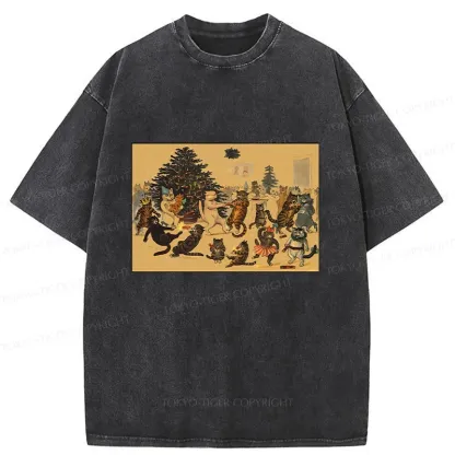 Tokyo-Tiger Christmas Cat Party Washed T-Shirt