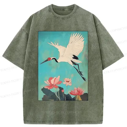 Tokyo-Tiger Crane And Lotus Japan Washed T-Shirt
