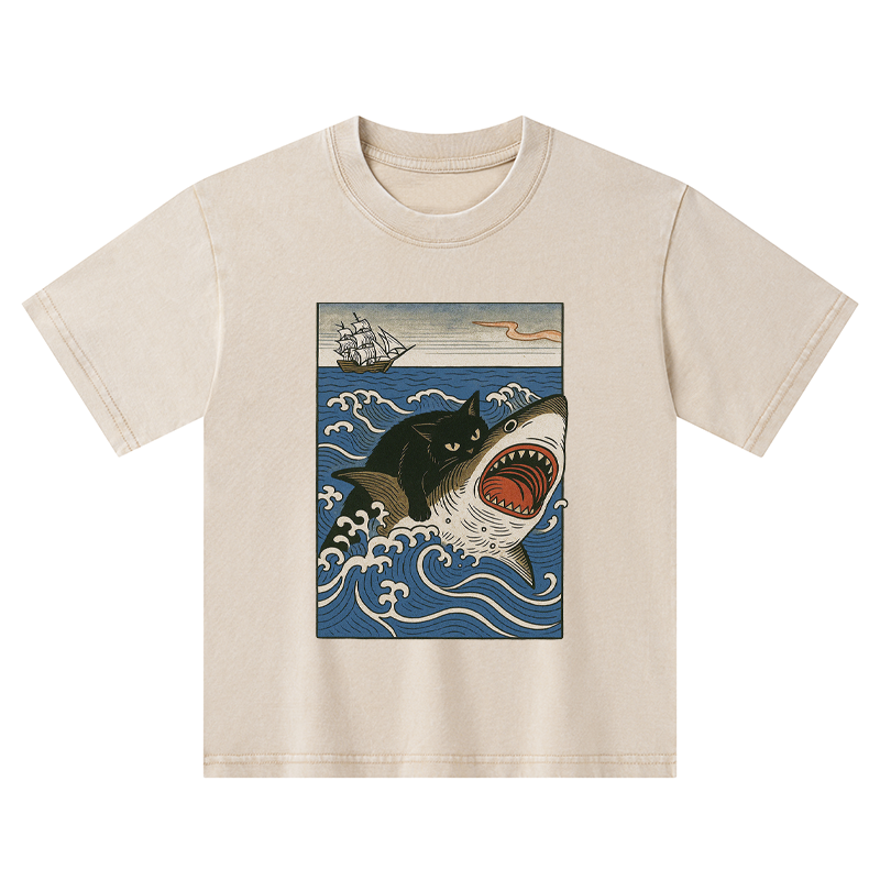 Tokyo-Tiger Cat Hunting Shark Kids Washed T-Shirt