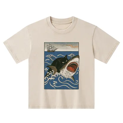 Tokyo-Tiger Cat Hunting Shark Kids Washed T-Shirt