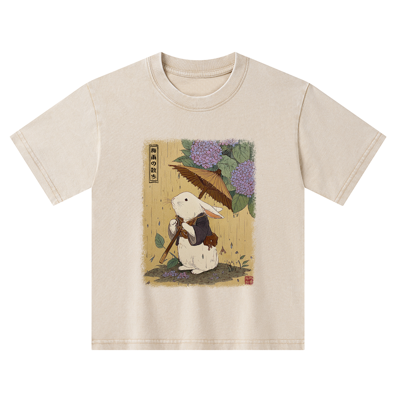 Tokyo-Tiger Ukiyoe Rainy Stroll Bunny Kids Washed T-Shirt