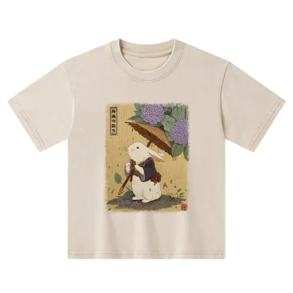 Tokyo-Tiger Ukiyoe Rainy Stroll Bunny Kids Washed T-Shirt