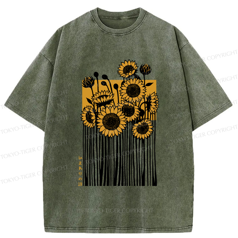 Tokyo-Tiger The Poem of Sunflowers Washed T-Shirt