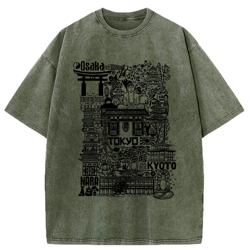 Tokyo-Tiger Japanese Line Cityscape Washed T-Shirt