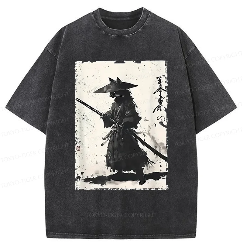 Tokyo-Tiger Handsome Cat Japanese Samurai Washed T-Shirt