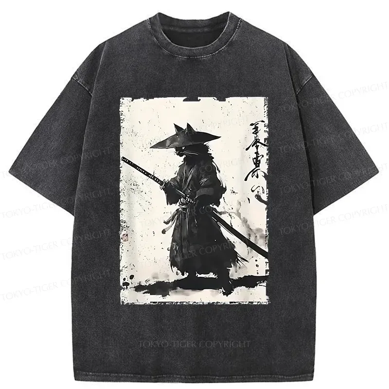 Tokyo-Tiger Handsome Cat Japanese Samurai Washed T-Shirt