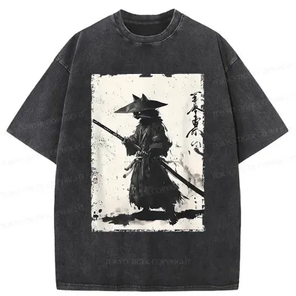 Tokyo-Tiger Handsome Cat Japanese Samurai Washed T-Shirt