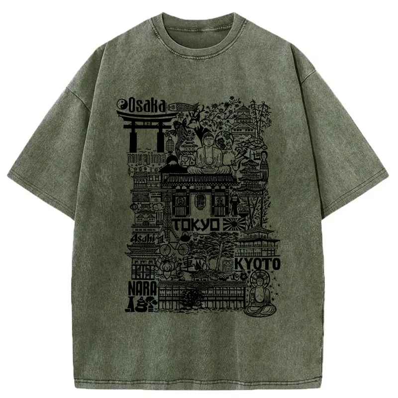 Tokyo-Tiger Japanese Line Cityscape Washed T-Shirt