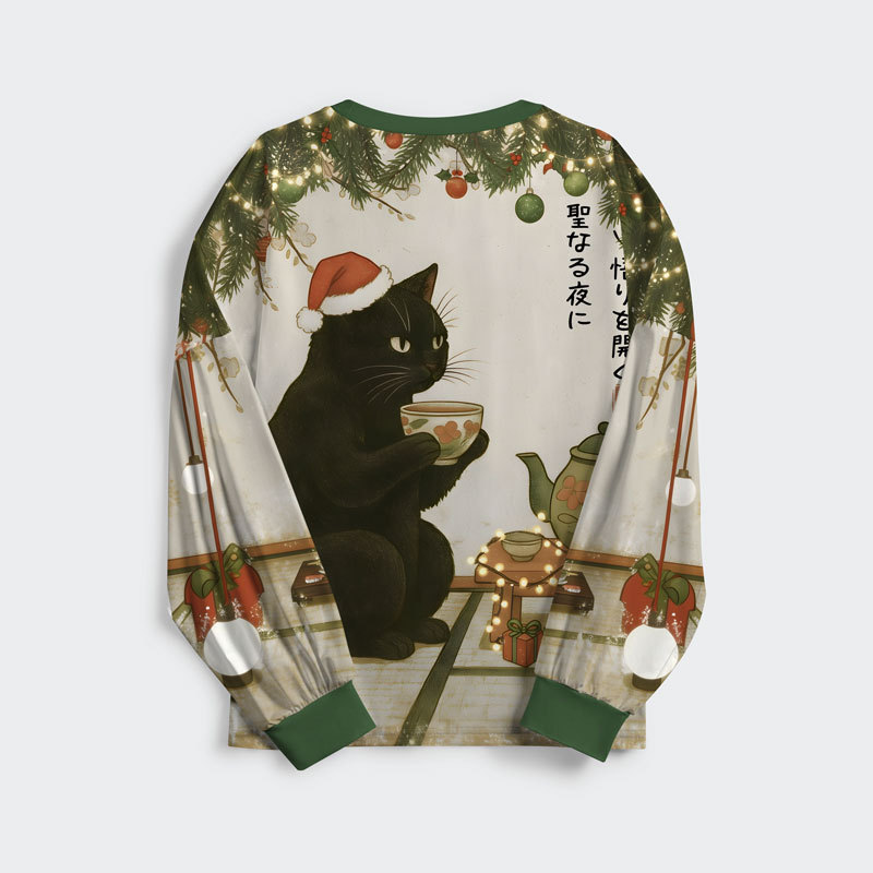 Tokyo-Tiger Tea Time With A Black Cat Family Pajama Sets
