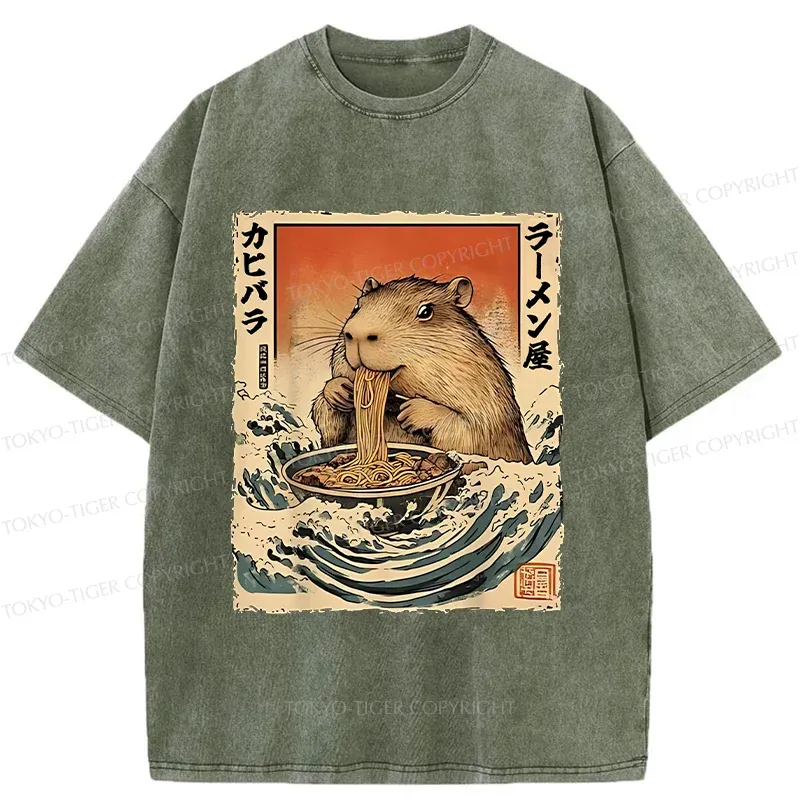 Tokyo-Tiger Hamster Eating Ramen Washed T-Shirt Sale