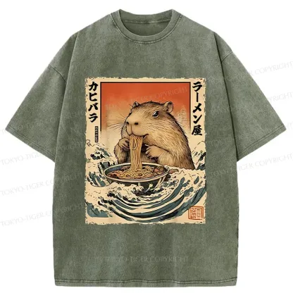 Tokyo-Tiger Hamster Eating Ramen Washed T-Shirt