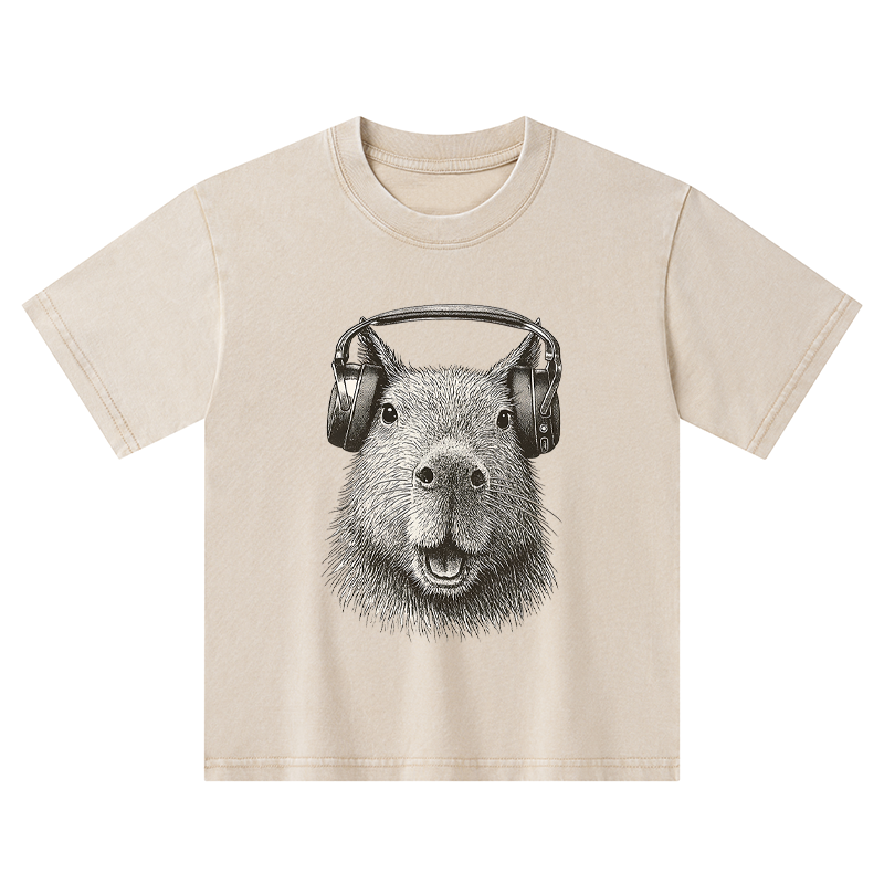 Tokyo-Tiger Capybara Listening To Music Kids Washed T-Shirt