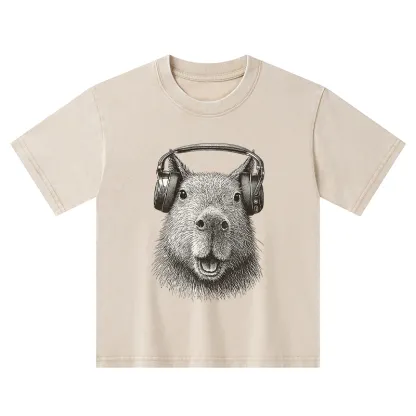 Tokyo-Tiger Capybara Listening To Music Kids Washed T-Shirt