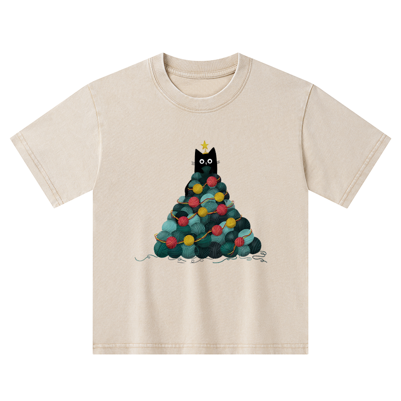 Tokyo-Tiger Yarn Christmas Tree Cat Kids Washed T-Shirt