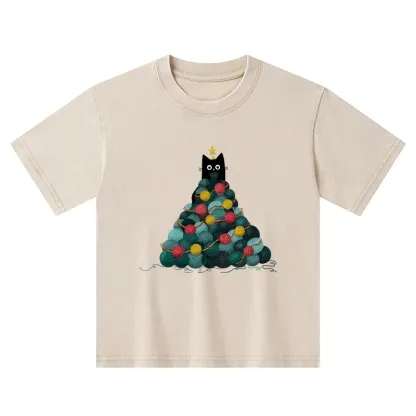Tokyo-Tiger Yarn Christmas Tree Cat Kids Washed T-Shirt