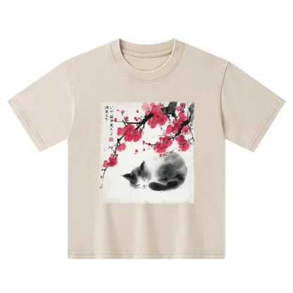 Tokyo-Tiger Ink Wash Painting: A Cat Lying Flat Under The Tree Kids Washed T-Shirt