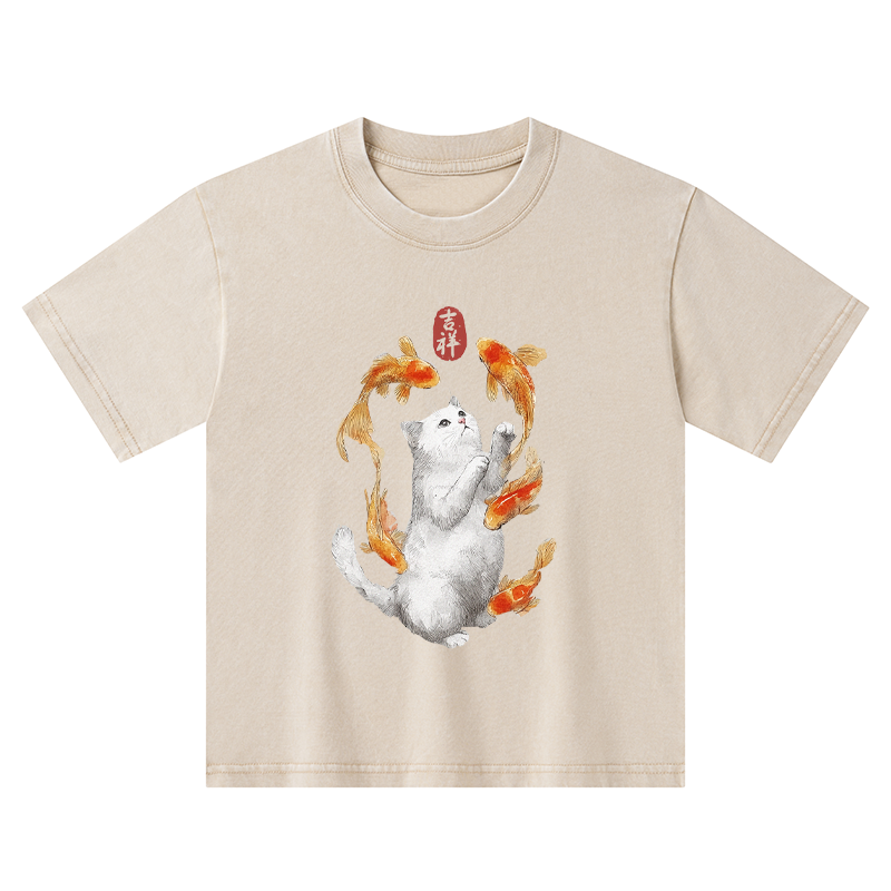 Tokyo-Tiger Zen Cat And The Dancing Fish Kids Washed T-Shirt