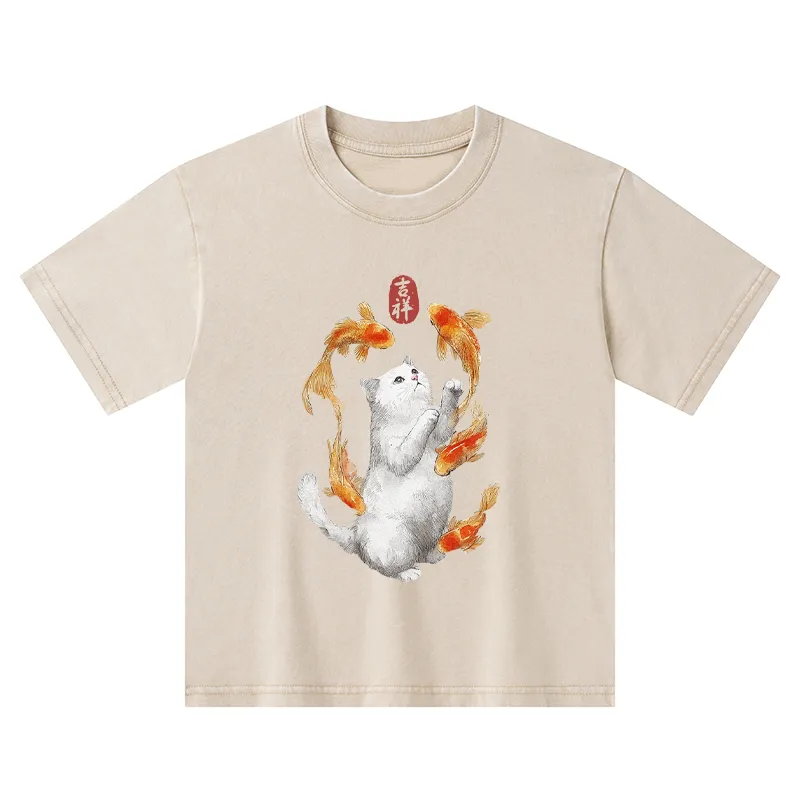 Tokyo-Tiger Zen Cat And The Dancing Fish Kids Washed T-Shirt
