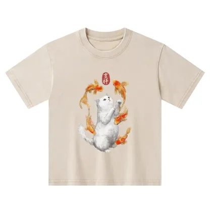 Tokyo-Tiger Zen Cat And The Dancing Fish Kids Washed T-Shirt