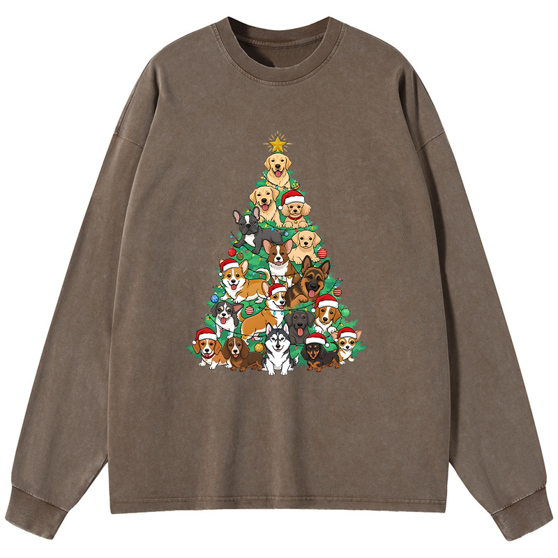 Tokyo-Tiger Christmas Tree Dog Funny Washed Long Sleeve T-Shirt