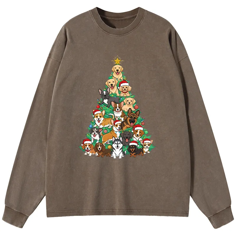 Tokyo-Tiger Christmas Tree Dog Funny Washed Long Sleeve T-Shirt