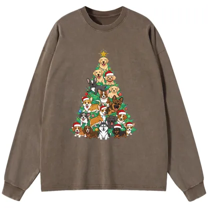 Tokyo-Tiger Christmas Tree Dog Funny Washed Long Sleeve T-Shirt