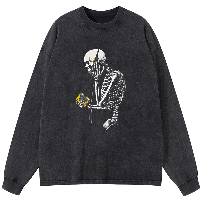 Tokyo-Tiger Skeleton Listening To Music Washed Long Sleeve T-Shirt