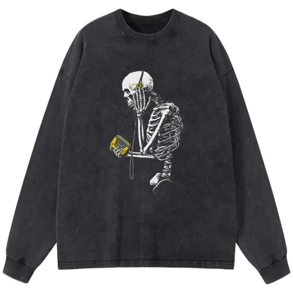 Tokyo-Tiger Skeleton Listening To Music Washed Long Sleeve T-Shirt